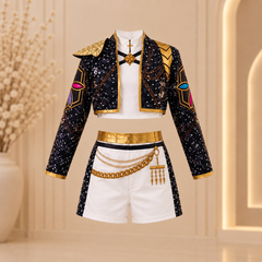 Kpop Demon Hunters Girls Outfit | Black & Gold 3-Piece Costume Set for Dance & Cosplay Costume