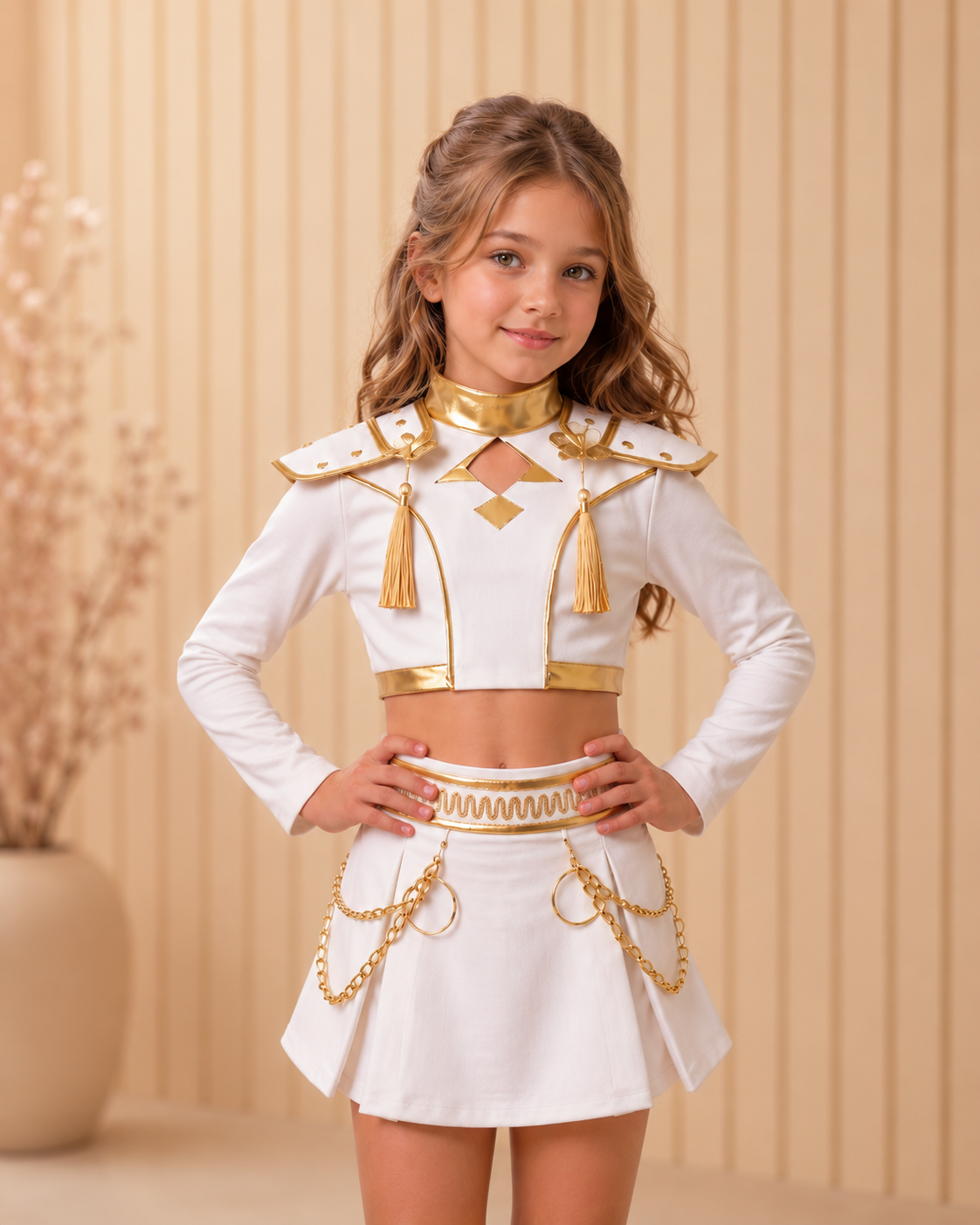 Kpop Demon Hunters Girl Costume Set | Embroidered White Gold Outfit for Dance or Cosplay Performances