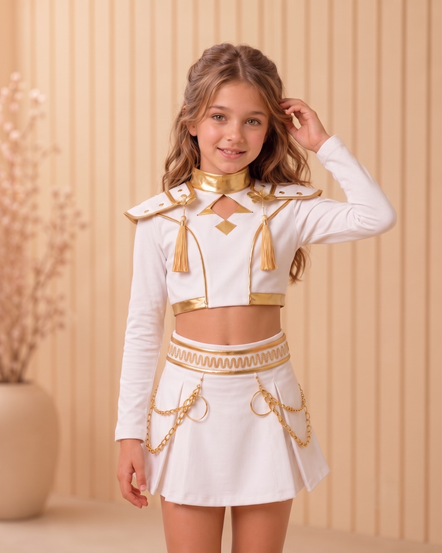 Kpop Demon Hunters Girl Costume Set | Embroidered White Gold Outfit for Dance or Cosplay Performances